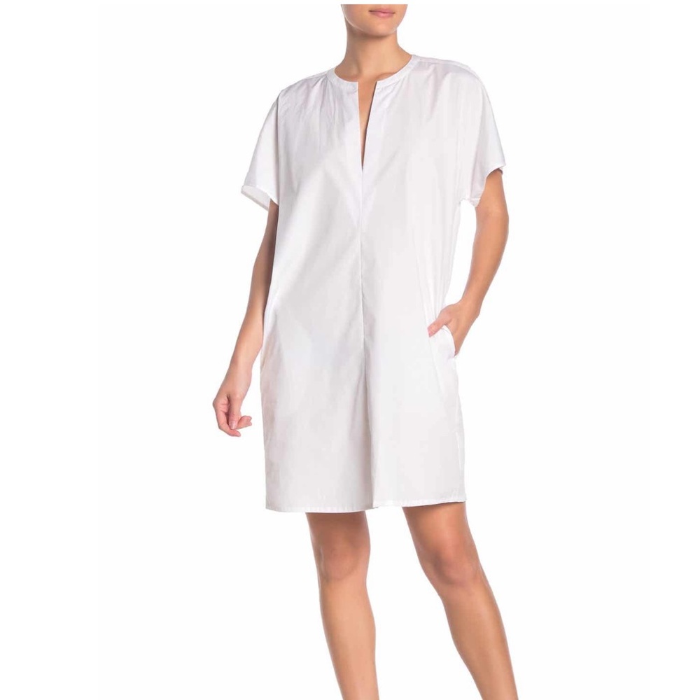 Vince Split V Neck Short Sleeve Cotton Boxy Shift Dress Knee Length White SM NWT